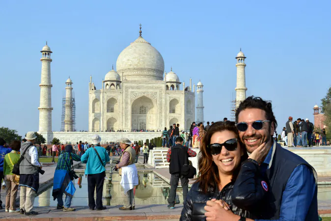 US actress Eva Longoria (L) poses with fiance Jose Antonio Baston at The Taj Mahal in Agra on December 16, 2015. (STRDEL/AFP/Getty Images)