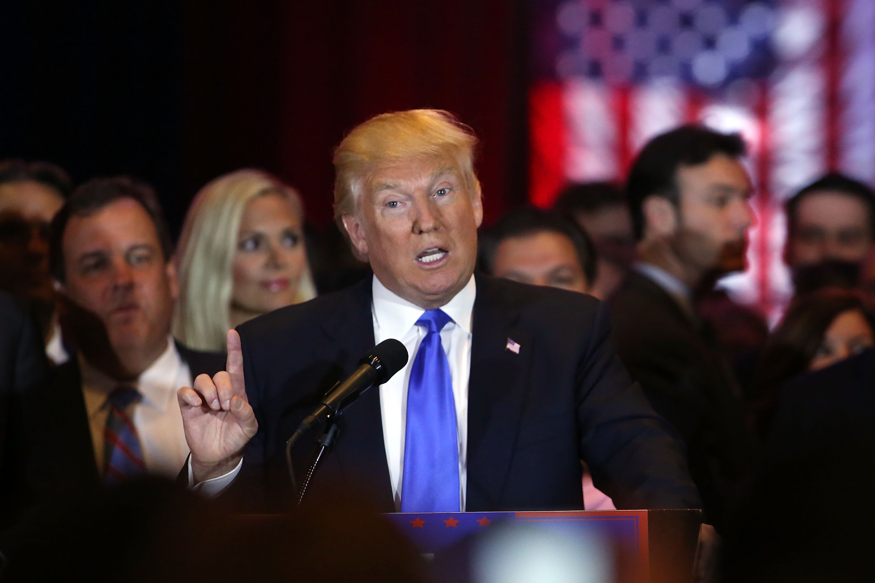Then Republican presidential candidate Donald Trump speaks to supporters and the media at Trump Towers following the conclusion of primaries Tuesday in northeastern states in New York on April 26, 2016. (Spencer Platt/Getty Images)