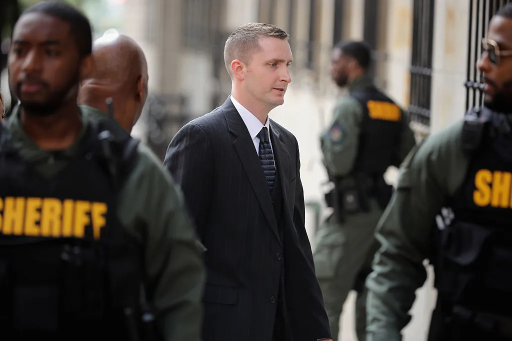Baltimore Police Officer Edward Nero (C) arrives at the Mitchell Courthouse-West on the day a judge will issue a vertict in his trial May 23, 2016 in Baltimore, Maryland. (Chip Somodevilla/Getty Images)