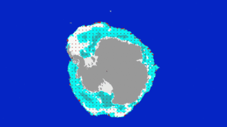 NASA QuikScat data of Antarctic sea ice movement (June-Sept. 2008) overlaid on maps of sea ice type (white = rough older ice; light blue = older ice, darker blue = younger ice, red = melt on ice, gray = permanent ice, brown = land, deep blue = open water. Red/black dots track ice movement over time. (Credits: NASA/JPL-Caltech/University of Washington, U.S. National Ice Center)