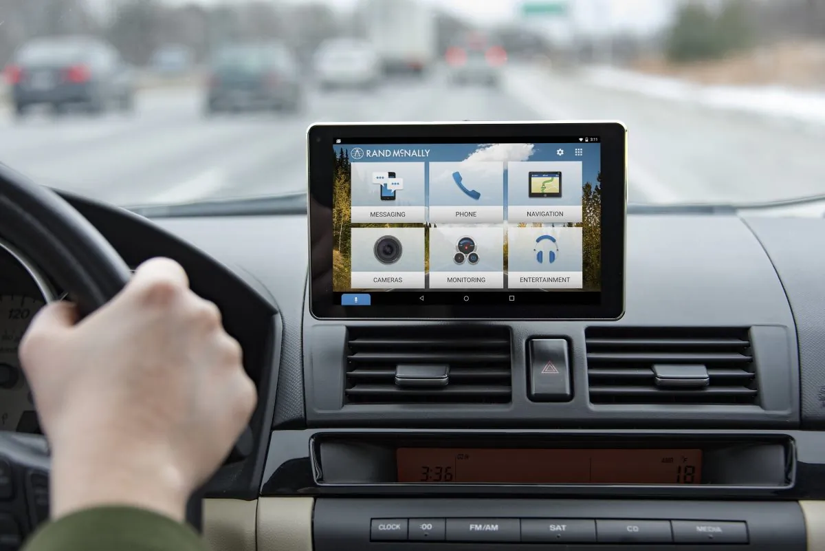A car dashboard is seen equipped with Rand McNally tablet, for entertainment and GPS features. (PRNewsFoto/Rand McNally)