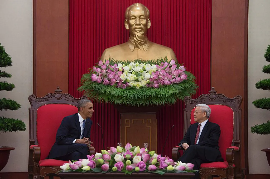 President Barack Obama meets with Communist Party of Vietnam General Secretary Nguyen Phu Trong at the Communist Party of Vietnam's Central Office in Hanoi on May 23. After Obama lifted the U.S. arms embargo on Vietnam, China released an uncharacteristically supported response. (Jim Watson/AFP/Getty Images)