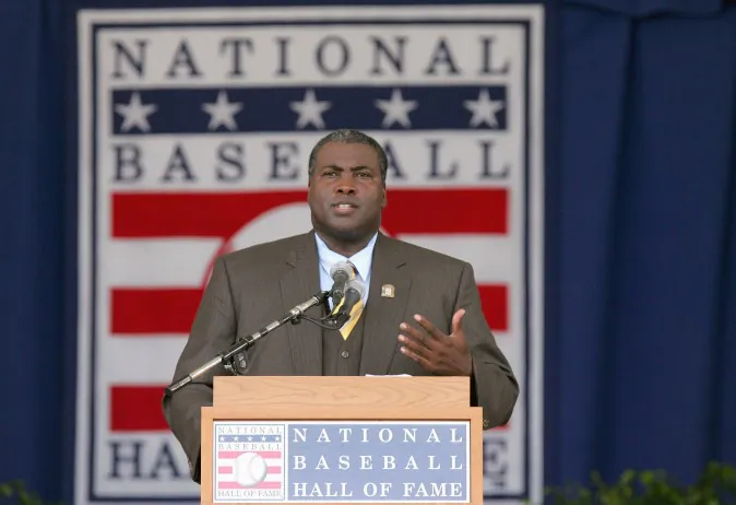 COOPERSTOWN, NY - JULY 29: 2007 inductee Tony Gwynn gives his acceptance speech at Clark Sports Center during the Baseball Hall of Fame induction ceremony on July 29, 2007 in Cooperstown, New York. (Photo by Chris McGrath/Getty Images)