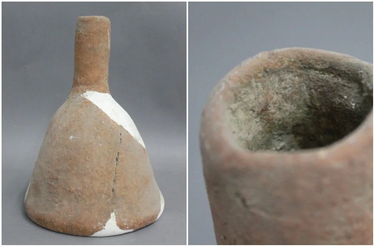 Left: 5,000-year-old funnel for beer-making. (Courtesy of Jiajing Wang/PNAS); Right: Residues from the interior surface of one of the 5,000-year-old funnels for beer-making. (PNAS)