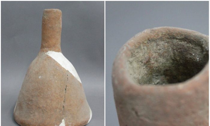 Left: 5,000-year-old funnel for beer-making. (Courtesy of Jiajing Wang/PNAS); Right: Residues from the interior surface of one of the 5,000-year-old funnels for beer-making. (PNAS)