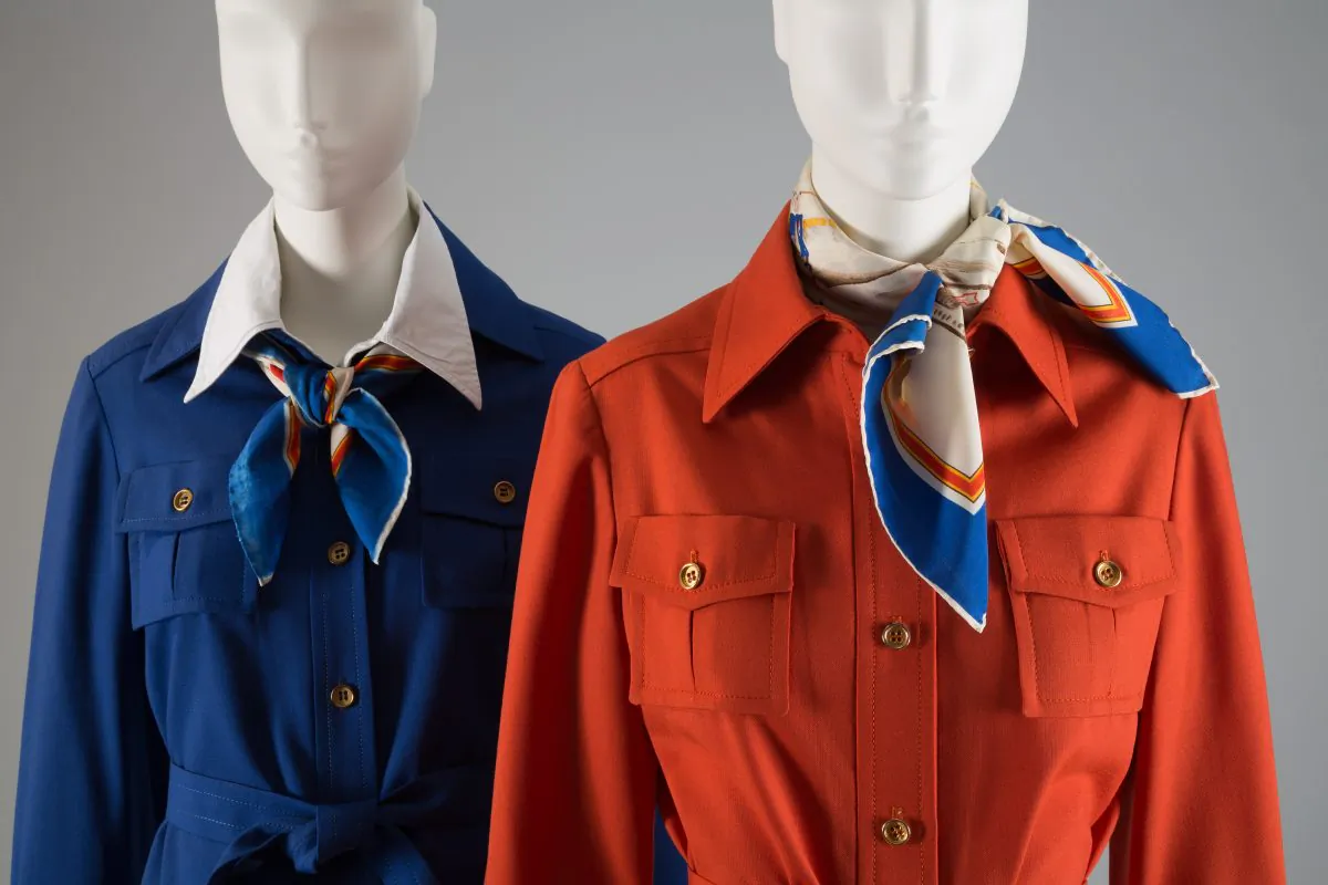 TWA flight attendant uniforms designed by Stan Herman, 1975, synthetic blend, USA. (Courtesy of The Museum at FIT)