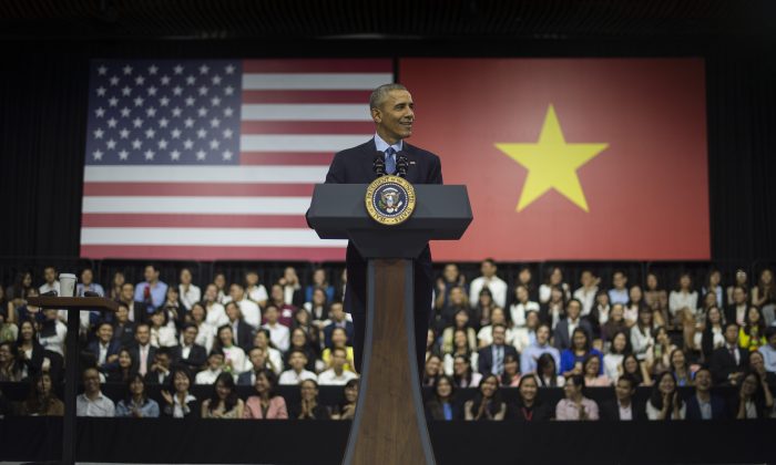 US President Barack Obama speaks at the Young Southeast Asian Leaders Initiative town hall event in Ho Chi Minh City on May 25, 2016. Chinese netizens have doubt about authenticity of the dinner session between Obama and Celebrity chef Anthony Bourdain. (Jim Watson/AFP/Getty Images)