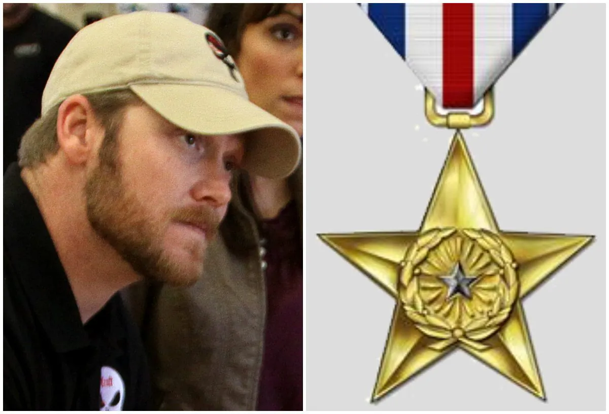 Left: SEAL Sniper Chris Kyle signs a copy of his book “American Sniper” for a Camp Pendleton sailor at the base’s Country Store, Jan. 13, 2012. (Cpl. Damien Gutierrez/U.S. Marine Corps); Right: Silver Star medal. (U.S. Air Force)