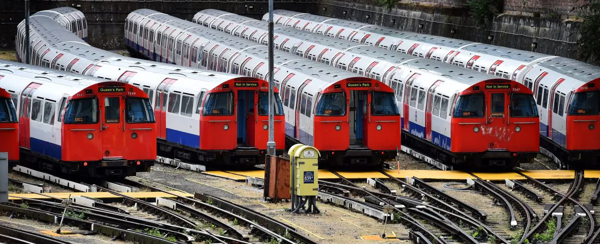Tube trains are parked at the Bakerloo line depot in London on August 6th, 2015 during a strike by Underground staff over plans to run trains all night at weekends. Weekend 24-hour services will be launched on the Central and Victoria lines from August 19th. (BEN STANSALL,BEN STANSALL/AFP/Getty Images)