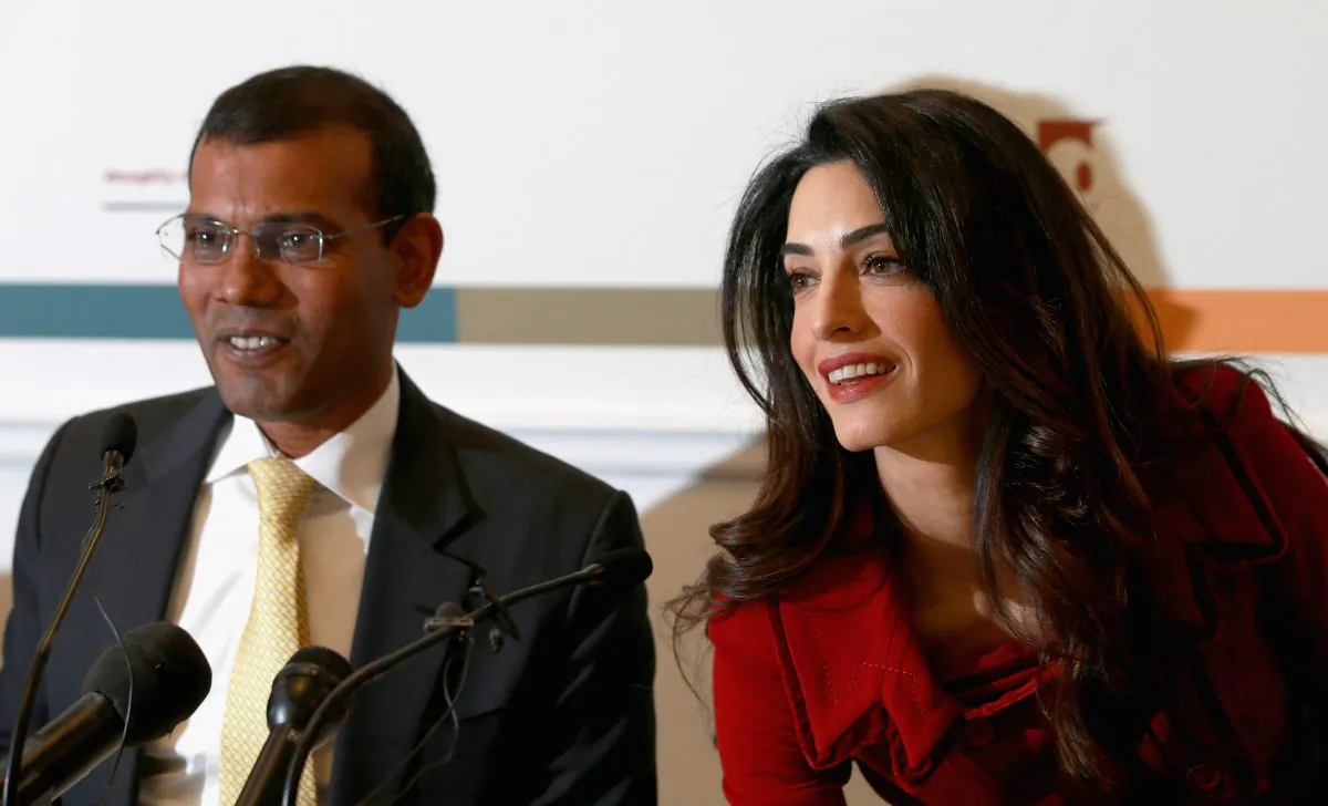 Mohamed Nasheed, former President of the Maldives, at a press 
conference with his legal counsel Amal Clooney.  (Chris Jackson/Getty Images)