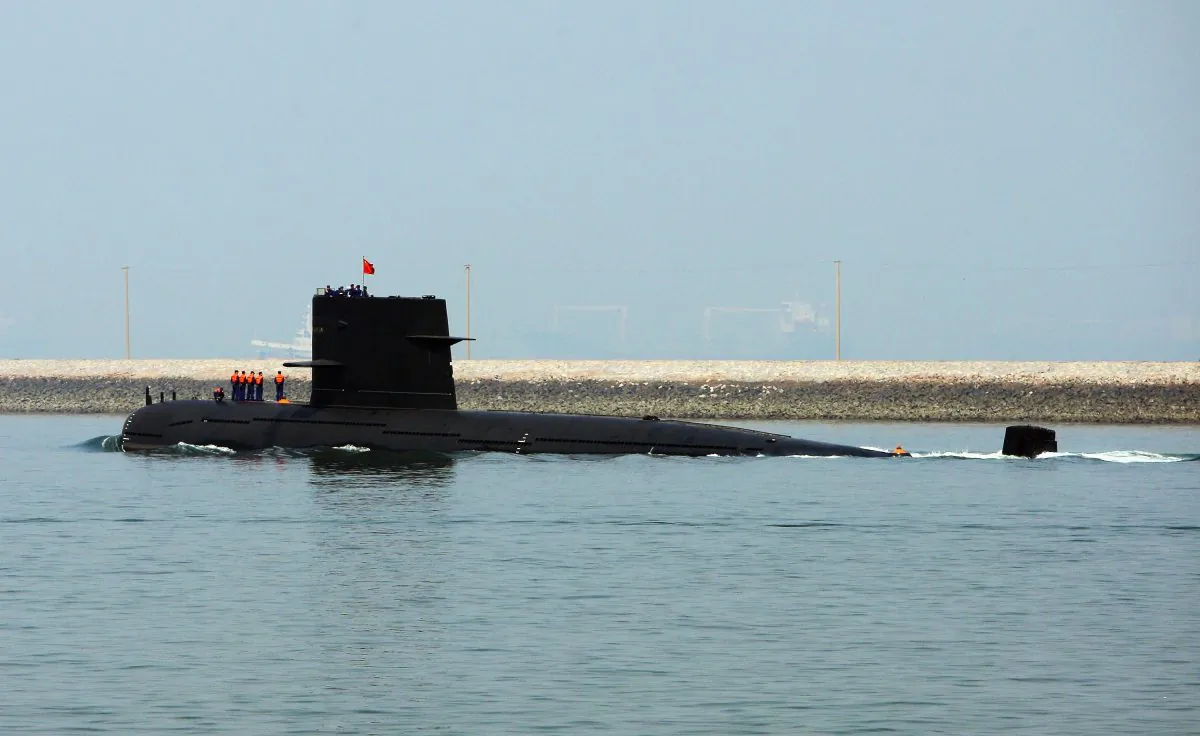 A Chinese submarine leaves Qingdao Port on April 22, 2009, in Qingdao of Shandong Province, China. (Guang Niu/Pool/Getty Images)