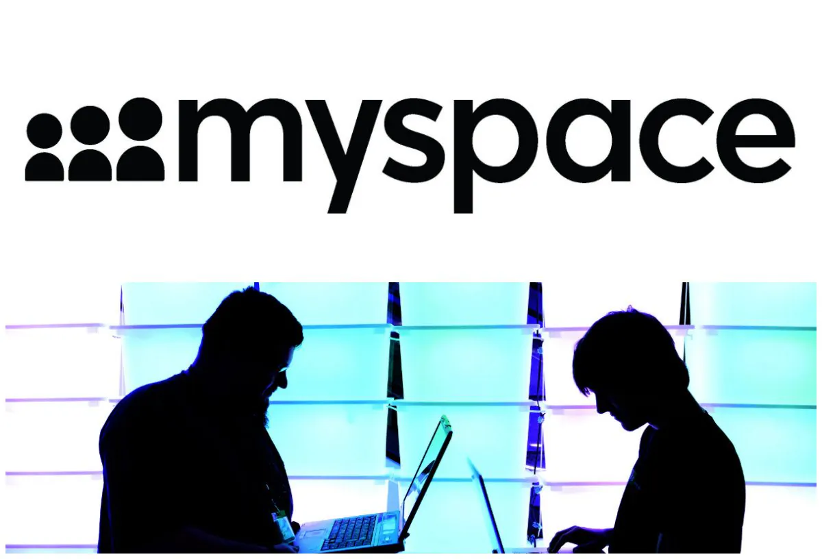 Top: Myspace logo. (Myspace); Bottom: Participants at the annual Chaos Computer Club (CCC) computer hackers' congress on Dec. 28, 2012 in Hamburg, Germany. (Patrick Lux/Getty Images)