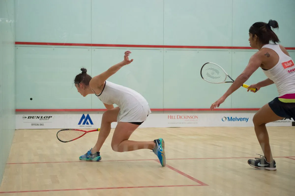Joelle King of New Zealand plays a backhand shot during her win against Joshna Chinappa in the final of the women’s HKFC PSA International 25 at the HKFC on Saturday May 28, 2016. (Bill Cox/Epoch Times)