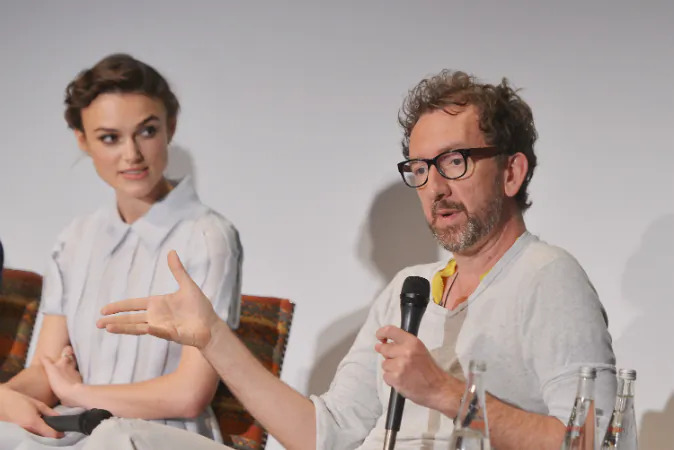 Actress Keira Knightley and writer/director John Carney attend the 'Begin Again' press conference at Crosby Street Hotel on June 26, 2014 in New York City. (Stephen Lovekin/Getty Images for HBO)