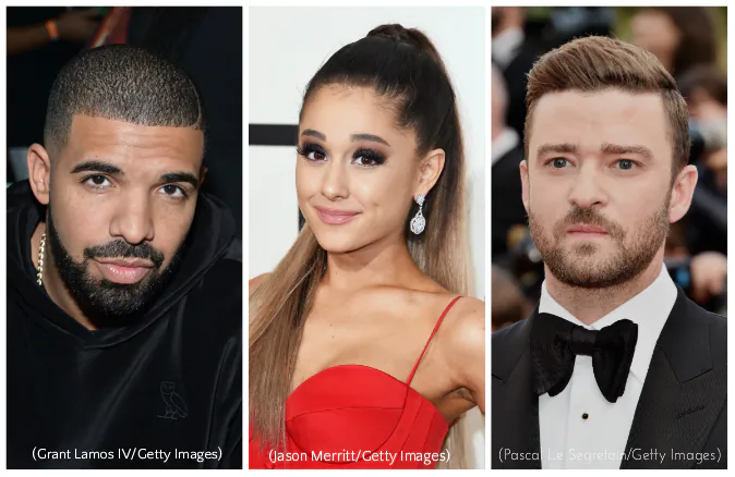 (L-R) Recording artists Drake, Ariana Grande, and Justin Timberlake.