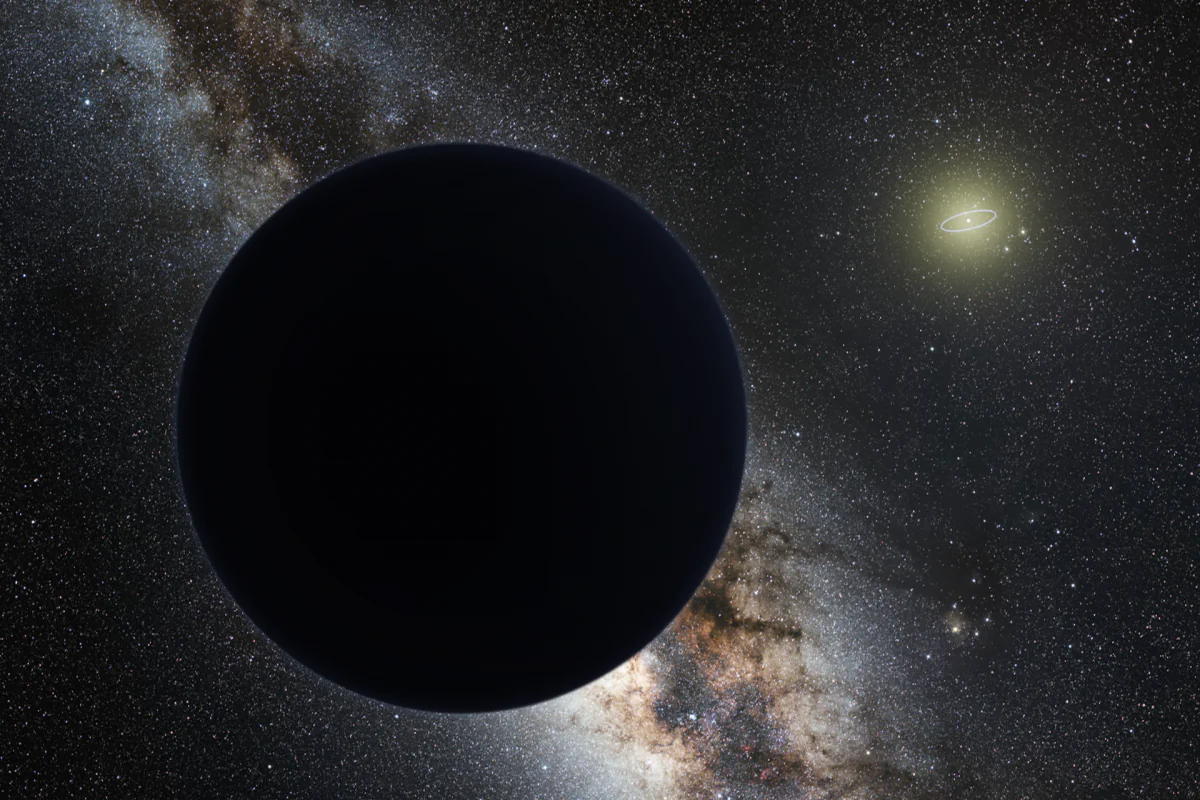 Artist's impression of Planet Nine as an ice giant eclipsing the central Milky Way, with a star-like Sun in the distance. (Tomruen, nagualdesign; background taken from File:ESO , CC BY-SA)