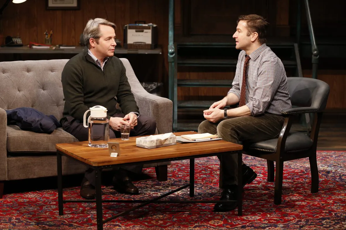 (L–R) John (Matthew Broderick) is dealing with the loss of his wife and seeks help from and psychotherapist Ian (Billy Carter) in “Shining City,” now playing at the Irish Repertory Theatre. (Carol Rosegg)
