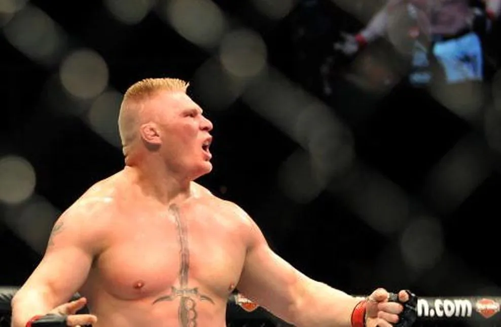 LAS VEGAS - JULY 11:  Brock Lesnar reacts after knocking out Frank Mir during their heavyweight title bout during UFC 100 on July 11, 2009 in Las Vegas, Nevada.  (Photo by Jon Kopaloff/Getty Images)