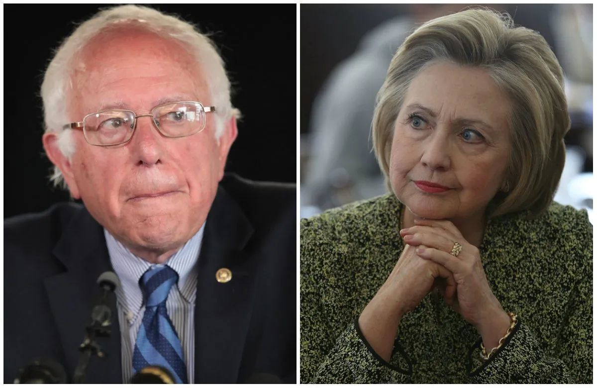 (L) Democratic presidential candidate Sen. Bernie Sanders (I-Vt.) during a press conference at the Hilton Garden Inn in Emeryville, Calif., on June 6, 2016. (Scott Olson/Getty Images) (R) Democratic presidential candidate Hillary Clinton at the Lincoln Square pancake house as she campaigns for votes in Indianapolis, Ind., on May 1, 2016. (Joe Raedle/Getty Images)