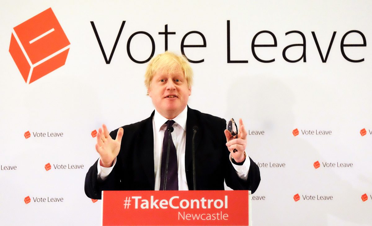 London Mayor Boris Johnson delivers a speech at a "Vote Leave" rally at the Centre for Life in Newcastle, England, on April 16, 2016. (Ian Forsyth/Getty Images)
