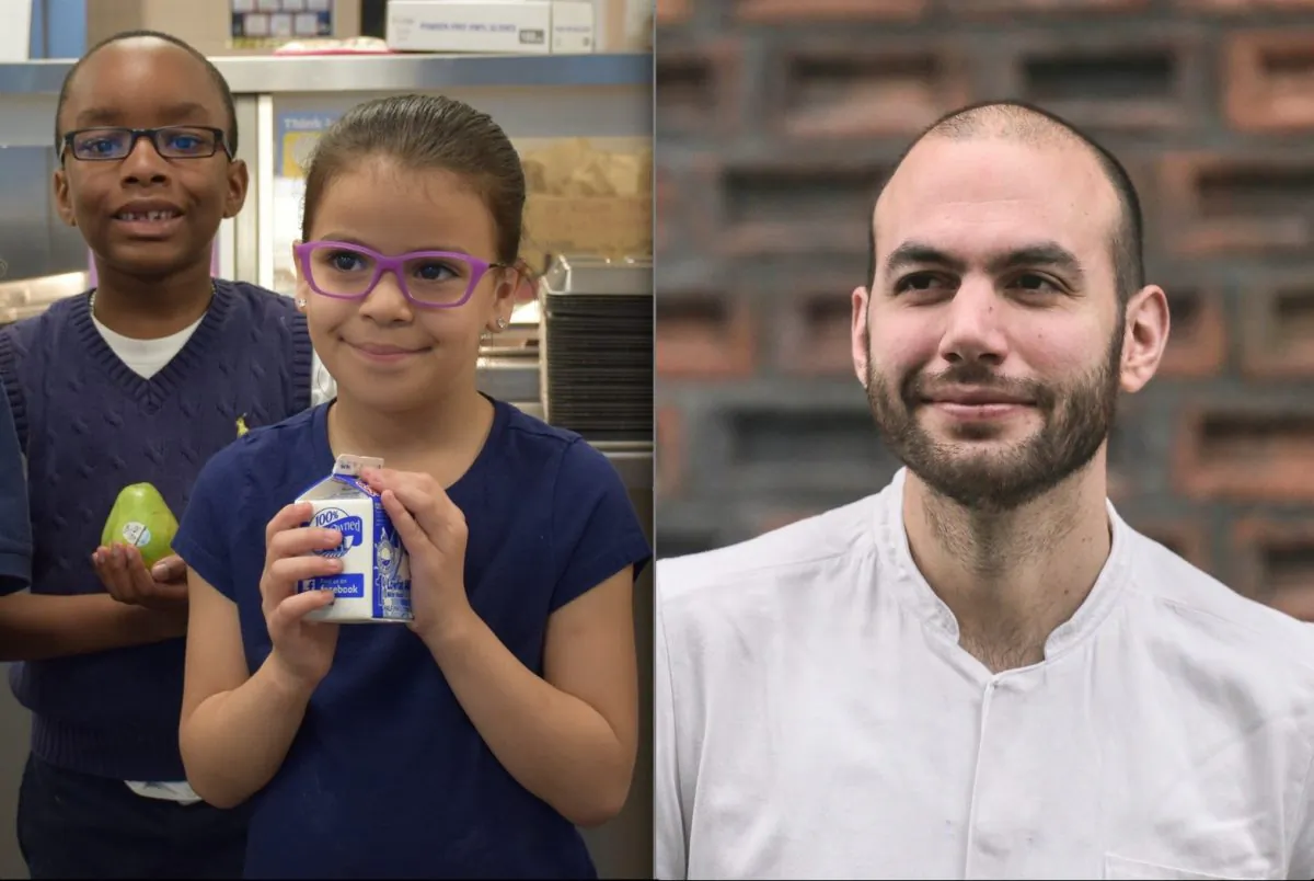(L) New London, Conn., students with healthy food in their school cafeteria. (R) Dan Gusti, founder of Brigaid, a company that aims to improve the quality of school cafeteria food by putting chefs in school. (Courtesy of Brigaid) 