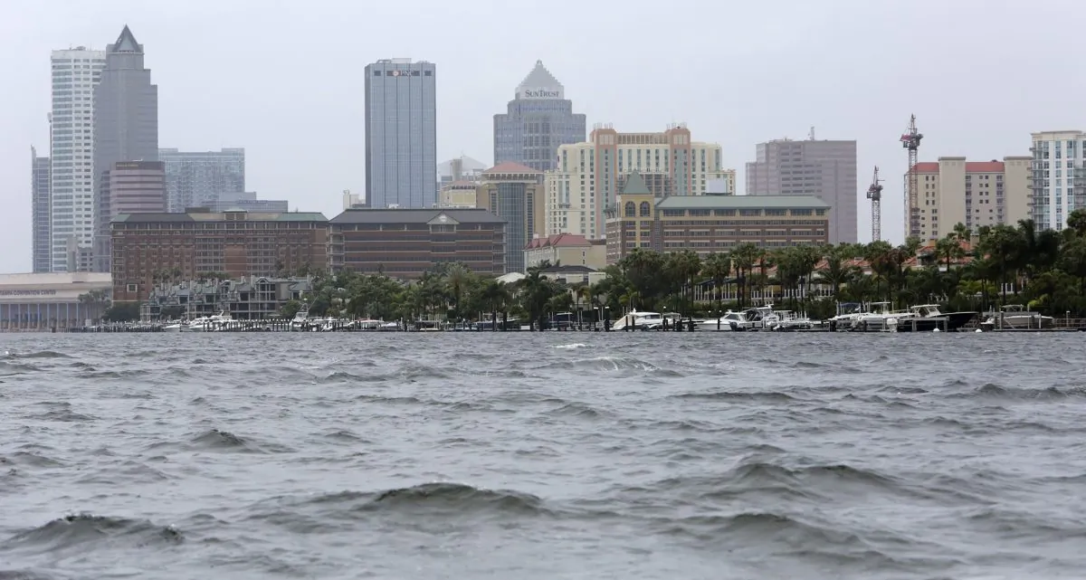 Tropical Storm Colin kicks up the waters around Davis Island with the Tampa, Fla. skyline in the background on June 6, 2016. (James Borchuck/The Tampa Bay Times via AP)