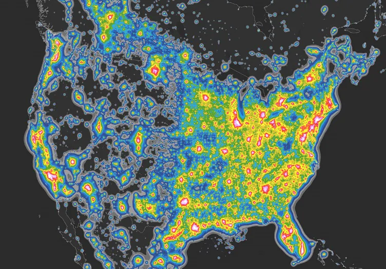 Map of North America’s artificial sky brightness. (Fabio Falchi et al./Science Advances)