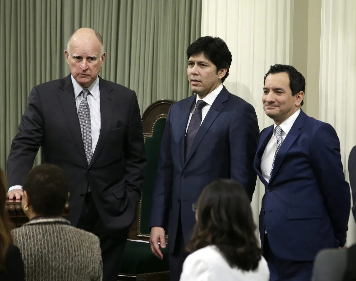 In this Monday March 7, 2016 photo, California Gov. Jerry Brown, left, Senate President Pro Tem Kevin de Leon, D-Los Angeles, center, and Assembly Speaker Anthony Rendon, D-Paramount, are seen after Rendon was sworn-in as speaker in Sacramento, Calif. (Rich Pedroncelli/AP Photo)
