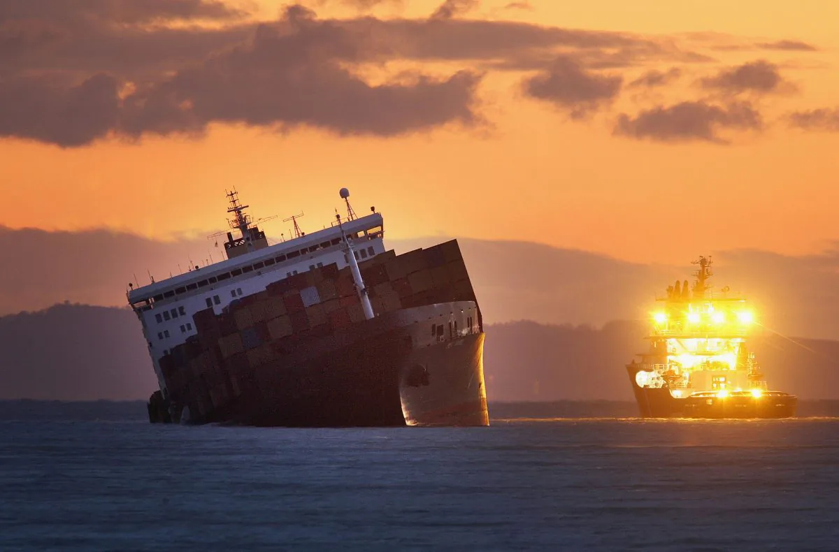 Night time falls on the stricken container ship MSC Napoli in Branscombe, England, on Jan. 22, 2007. (Peter Macdiarmid/Getty Images)