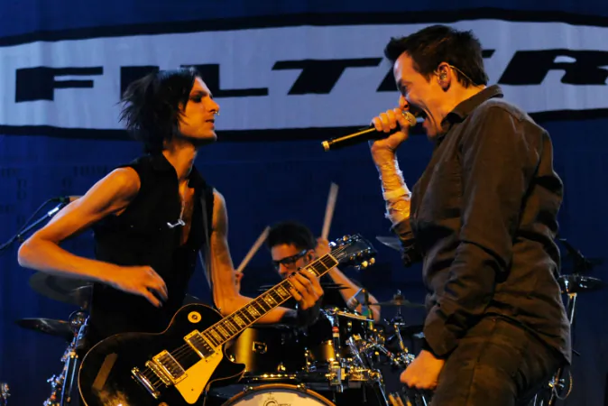 Filter guitarist Jonny Radtke (L) and singer Richard Patrick perform at The Joint inside the Hard Rock Hotel & Casino as the band tours in support of the album, 'The Trouble with Angels' September 29, 2011 in Las Vegas, Nevada. (Ethan Miller/Getty Images)