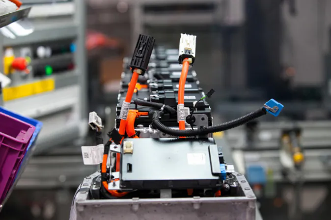 Cables and lithium-ion battery components sit on the production line at the Bayerische Motoren Werke AG (BMW) automobile manufacturing plant in Dingolfing, Germany, on Aug. 21, 2014. (Krisztian Bocsi/Bloomberg via Getty Images)