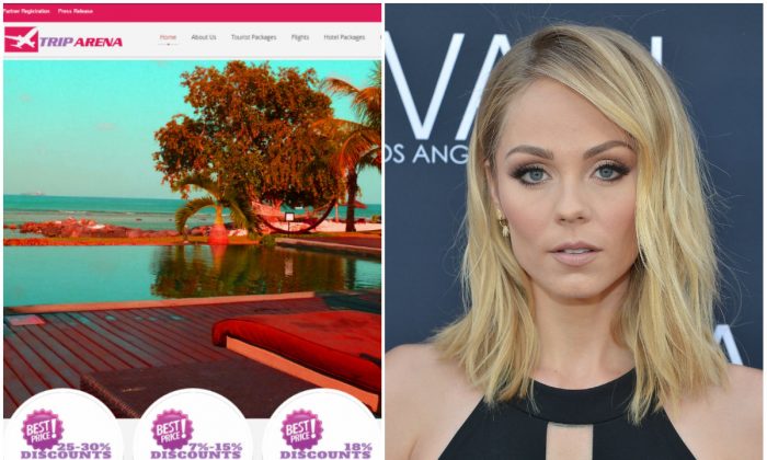 Left: Screenshot of TripArenaonline.com. (Internet Archive); Right: Laura Vandervoort on May 24, 2016 in Beverly Hills, California. (Charley Gallay/Getty Images for Jovani)