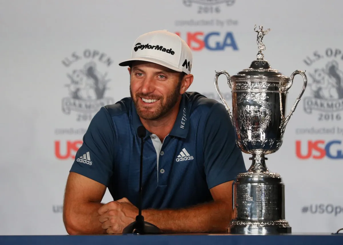 Dustin Johnson speaks at a press conference after winning the U.S. Open at Oakmont Country Club on June 19 in Oakmont, Pennsylvania. (Andrew Redington/Getty Images) 