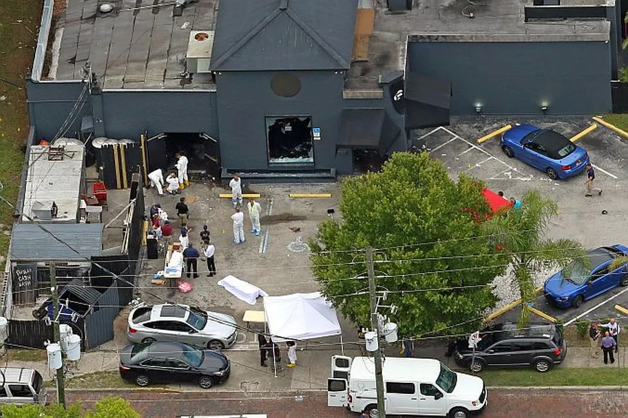 An aerial view shows the mass shooting scene at the Pulse nightclub is seen in Orlando, Fla. (Red Huber/Orlando Sentinel via AP, File)