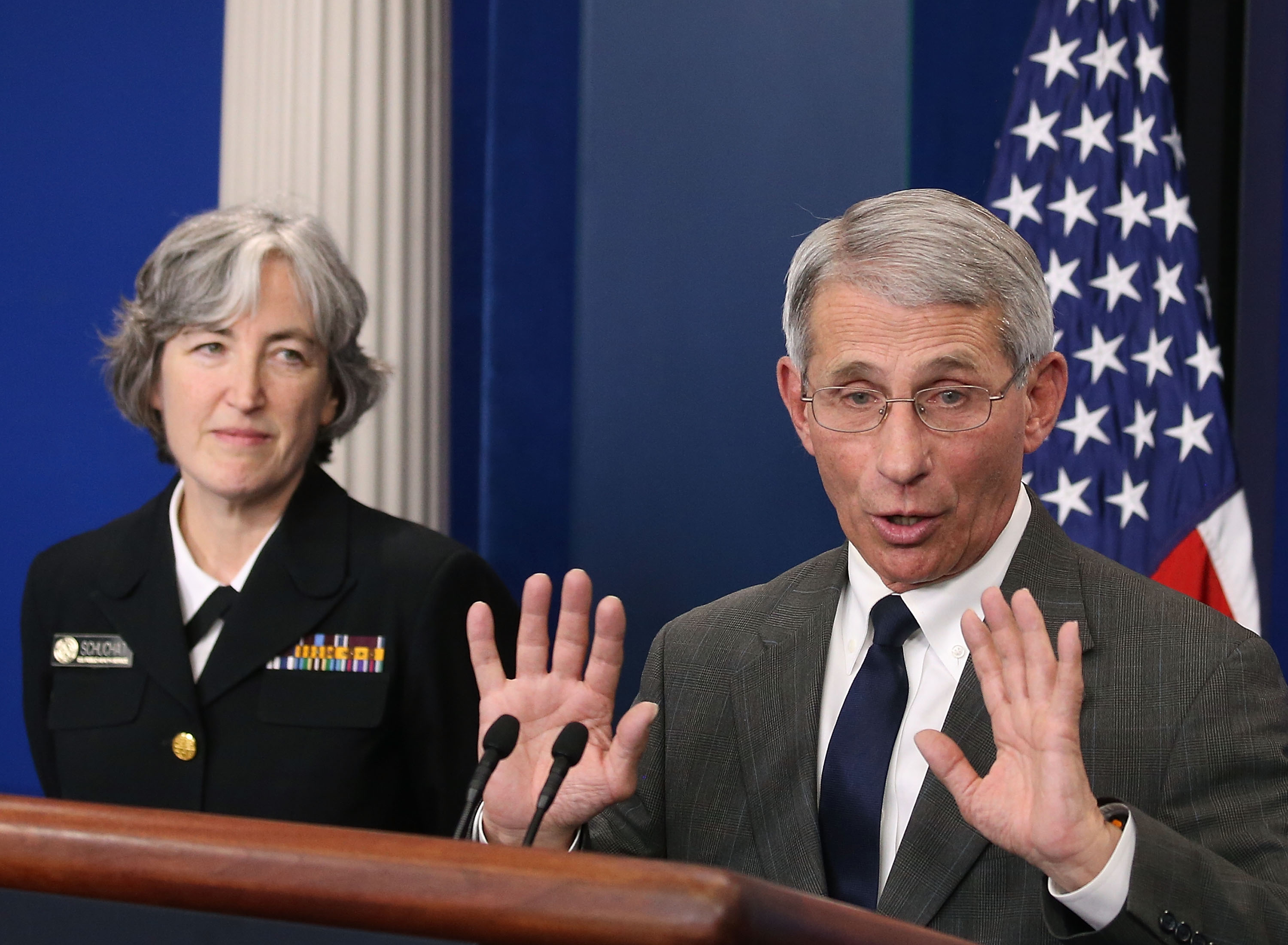 Dr. Anthony S. Fauci, director of the National Institute of Allergy and Infectious Diseases (NIAID), and Dr. Anne Schuchat, principal deputy director of the U.S. Centers for Disease Control and Prevention (CDC), speak to the media about the Zika virus, during a briefing at the White House, on Feb. 8. (Mark Wilson/Getty Images)