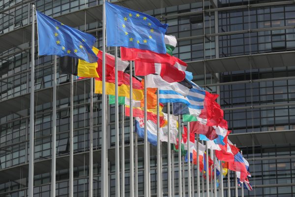 Flags of the European Union fly outside the European Parliament in Strasbourg, France, on May 11, 2016. (Christopher Furlong/Getty Images)