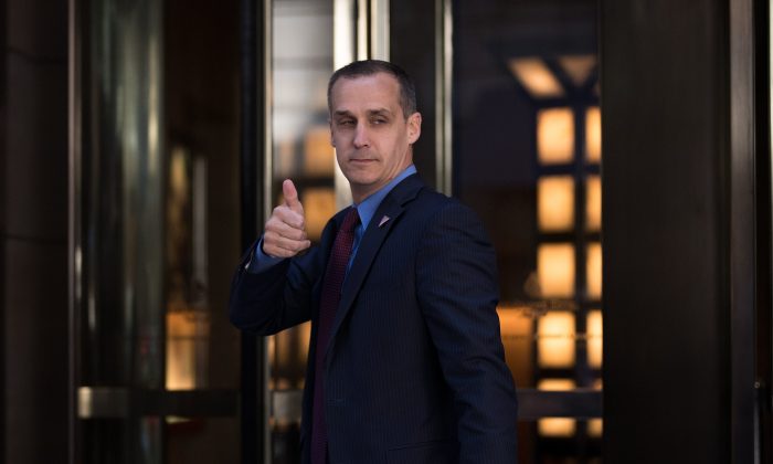 Corey Lewandowski, campaign manager for Donald Trump, gives the thumbs up as he leaves the Four Seasons Hotel after a meeting with Trump and Republican donors, June 9, 2016 in New York City.  (Photo by Drew Angerer/Getty Images)