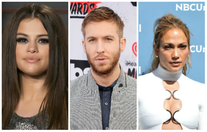 L–R: Selena Gomez, Calvin Harris, and Jennifer Lopez. (Adrian Gonzalez/Getty Images; Frazer Harrison/Getty Images for iHeartRadio / Turner); Slaven Vlasic/Getty Images)