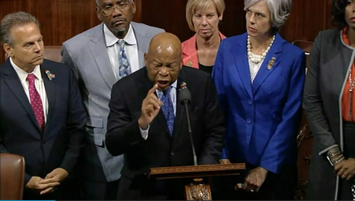 Georgia Rep. John Lewis leads more than 200 Democrats in demanding a vote on measures to expand background checks and block gun purchases by some suspected terrorists in the aftermath of the massacre in Orlando, Florida, that killed 49 people in a gay nightclub on June 12, 2016. (AP Video/Frame Grab)