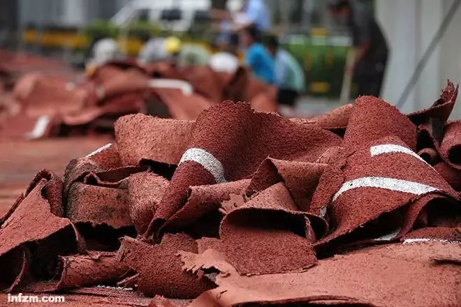 A pile of removed school  athletic tracks. (via Visual China)