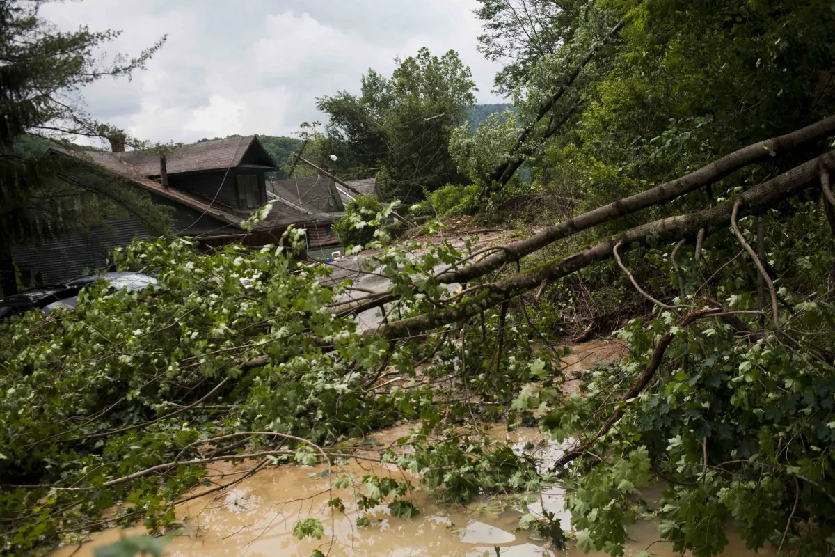 Rock, mud, trees, downed power lines and other debris litter the road on Main Street leading into Richwood, W.Va. after severe flooding and multiple rockslides on Friday June 24, 2016. (Christian Tyler Randolph/Charleston Gazette-Mail via AP) MANDATORY CREDIT)