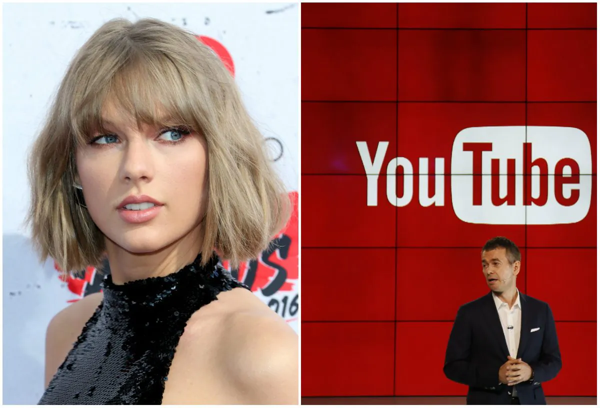 Singer Taylor Swift attends the iHeartRadio Music Awards at The Forum on April 3, 2016 in Inglewood, California. (Frederick M. Brown/Getty Images);Right: In this Oct. 21, 2015, file photo, YouTube Chief Business Officer Robert Kyncl speaks at the unveiling of "YouTube Red," a new subscription service, at YouTube Space in Los Angeles. (AP Photo/Danny Moloshok, File)