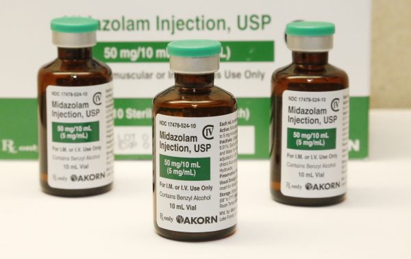 Bottles of the sedative midazolam at a hospital in Oklahoma City on July 25, 2014. (AP Photo)