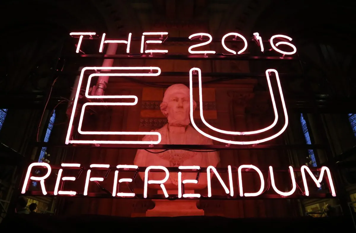 A neon sign for the 2016 referendum is attached to the doors of the announcement hall in Manchester Town Hall, northwest England, on June 23, 2016. (Rob Stothard/AFP/Getty Images)