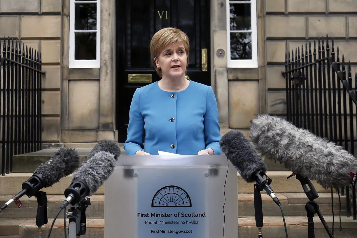Scottish First Minister Nicola Sturgeon speaks to the media outside Bute House, following an emergency Scottish cabinet meeting in Edinburgh, Scotland, on June 25, 2016. (Jane Barlow/PA via AP)
