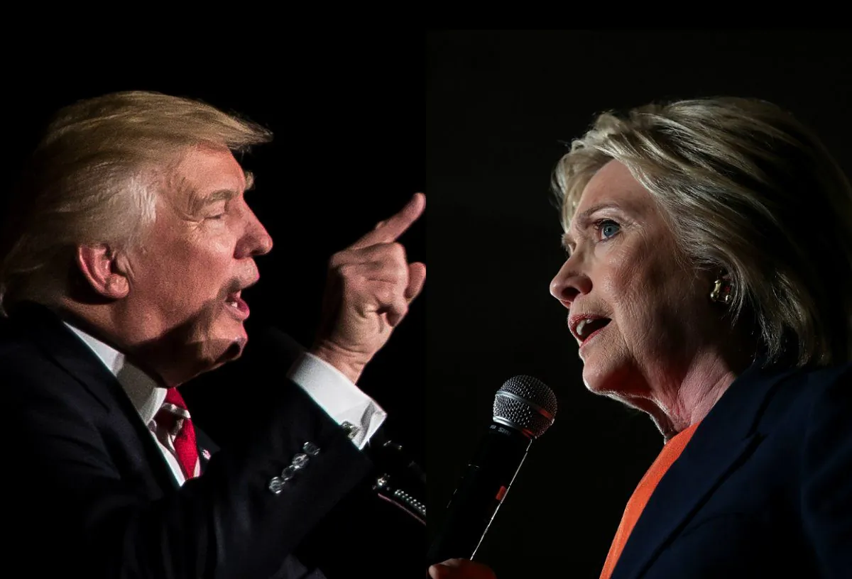 Left: Republican presidential candidate Donald Trump speaks during a campaign rally at The Fox Theatre on June 15, 2016 in Atlanta, Georgia. (Branden Camp/Getty Images); Right: Democratic presidential candidate, former Secretary of State Hillary Clinton speaks during a campaign rally on June 2, 2016 in El Centro, California. (Justin Sullivan/Getty Images)