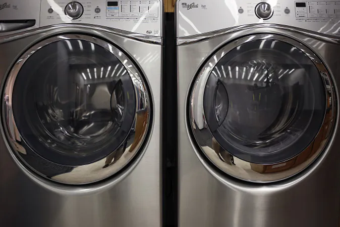 Front loading washing machines are displayed in the front lobby of the Whirlpool Corp. manufacturing facility in Clyde, Ohio, on Dec. 9, 2015. (Luke Sharrett/Bloomberg)