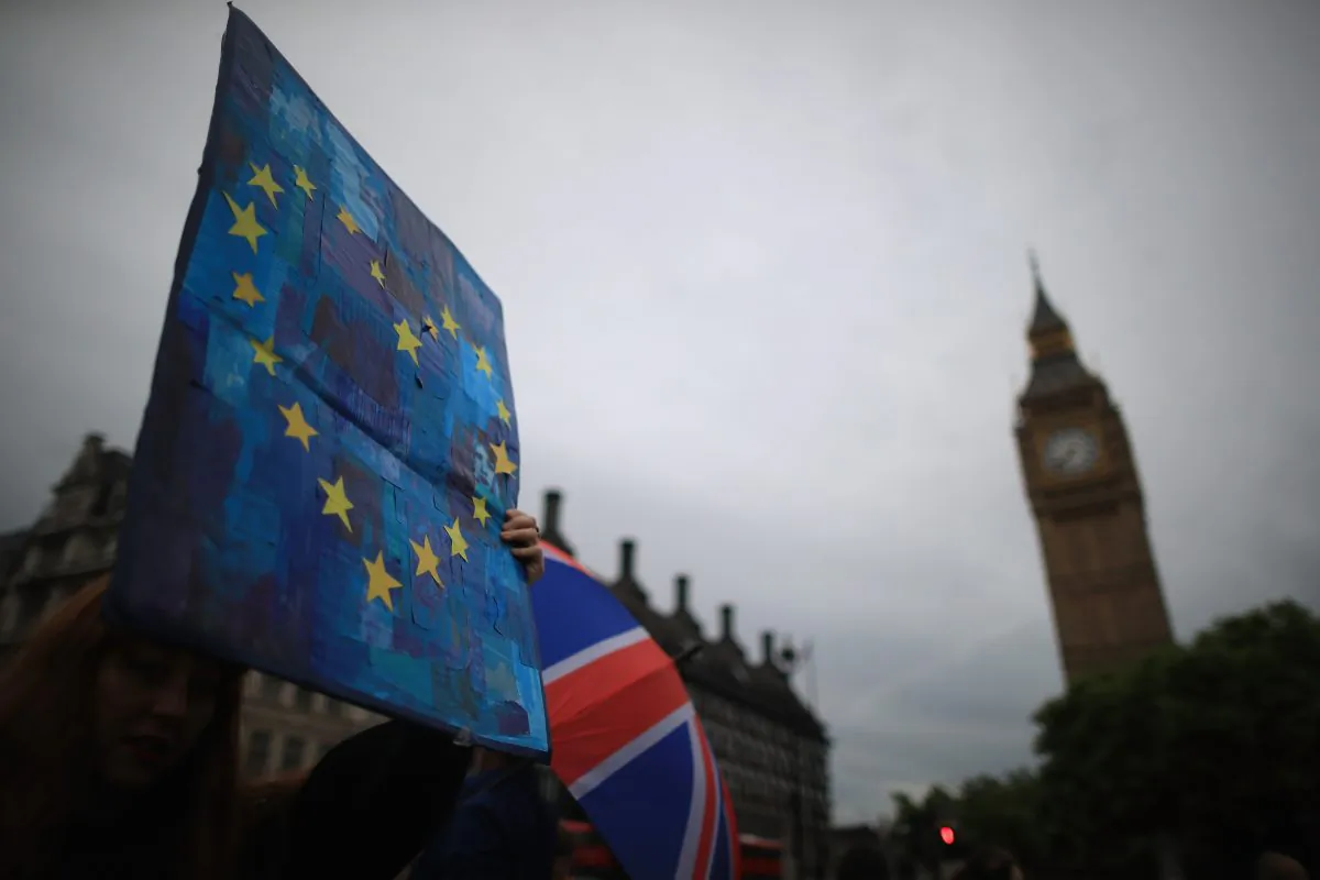 The anti-Brexit sentiment runs high in front of the Houses of Parliament as protestors demonstrate against the EU referendum result on June 28, 2016 in London, England. (Christopher Furlong/Getty Images)