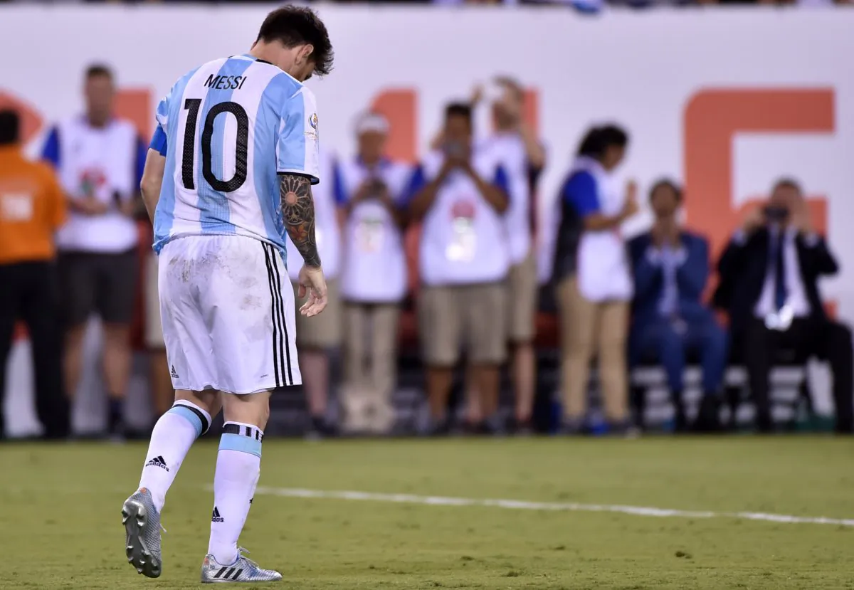 Argentina's Lionel Messi shows his dejection after being defeated by Chile in the Copa America Centenario final in East Rutherford, New Jersey, United States, on June 26, (Nelson Almeida/AFP/Getty Images)