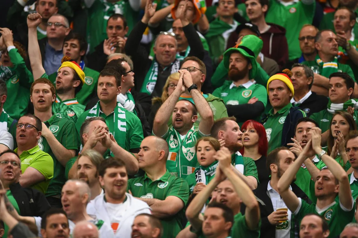 Republic of Ireland soccer fans during the EURO 2016 Qualifier between Germany and Republic of Ireland at the Veltins-Arena on October 14, 2014 in Gelsenkirchen, Germany. Even though less successful in soccer than Germany, the Irish enjoy significantly lower taxes. (Dennis Drombkowski/Bongarts/Getty Images)